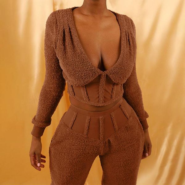 casual artificial wool two piece outfits long track suit women sleeve crop and pants solid v neck loungewear sets women's, White 
casual artificial wool two piece outfits long track suit women sleeve crop and pants solid v neck loungewear sets women's, White
