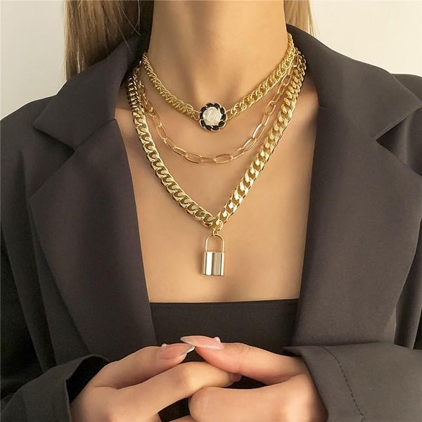 chains cuban chunky chain multilayer choker necklace round enamel flower charm lock pendant gold color women statement jewelry gift, Silver
chains cuban chunky chain multilayer choker necklace round enamel flower charm lock pendant gold color women statement jewelry gift, Silver