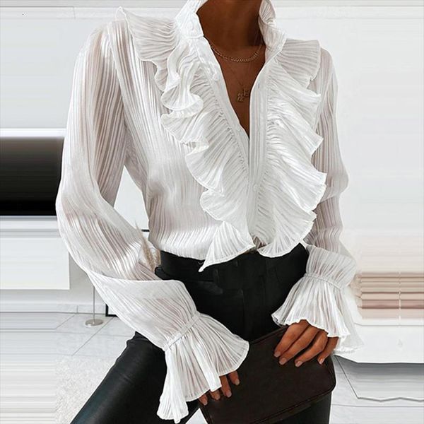 spring denim button coat women shirt casual ruffled long sleeved v neck style mesh female top, White 
spring denim button coat women shirt casual ruffled long sleeved v neck style mesh female top, White