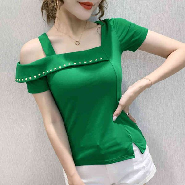 women's t-shirt rivet t skew collar cotton off the shoulder for summer tshirt woman clothes tee femme lac1, White
women's t-shirt rivet t skew collar cotton off the shoulder for summer tshirt woman clothes tee femme lac1, White