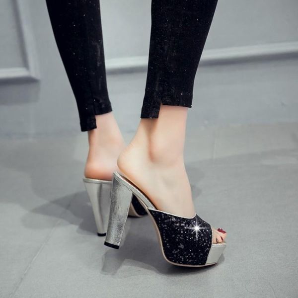 sandals sequined ladies' slippers in plain color with thick heels and light mouth 16-9, Black
sandals sequined ladies' slippers in plain color with thick heels and light mouth 16-9, Black