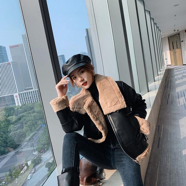 women's leather & faux winter women wool fur collar suede jacket coats warm thick female loose lamb outwear, Black
women's leather & faux winter women wool fur collar suede jacket coats warm thick female loose lamb outwear, Black