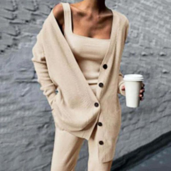 women's two piece pants 3pcs solid color knitted suit women yoga outfit long sleeve vest cardigan wide leg three pieces set, White
women's two piece pants 3pcs solid color knitted suit women yoga outfit long sleeve vest cardigan wide leg three pieces set, White
