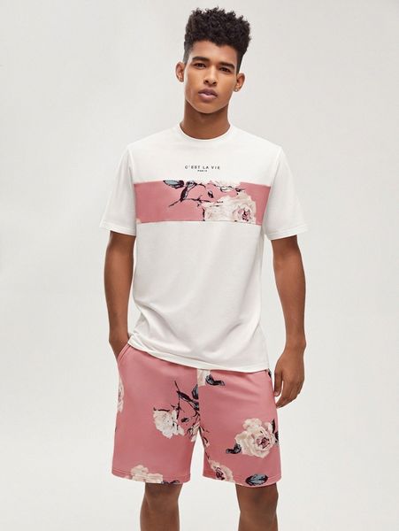 men floral & colorblock tee & shorts set h53r#, Gray
men floral & colorblock tee & shorts set h53r#, Gray