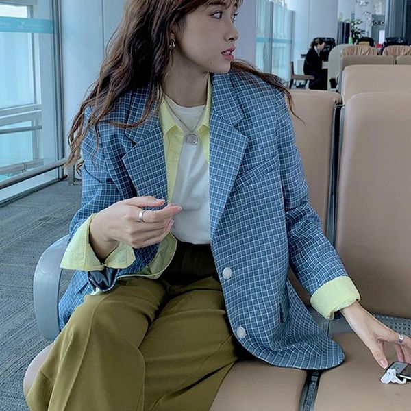 women's suits & blazers fashion blue plaid blazer women single breasted vintage padded suit autumn elegant loose notched coats fall 20, White;black
women's suits & blazers fashion blue plaid blazer women single breasted vintage padded suit autumn elegant loose notched coats fall 20, White;black