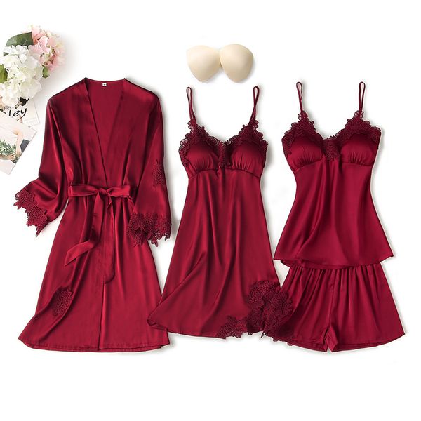 pajamas 4 piece set ladies lace trim satin summer pajamas with suspenders dress casual home wear kimono robe, White
pajamas 4 piece set ladies lace trim satin summer pajamas with suspenders dress casual home wear kimono robe, White