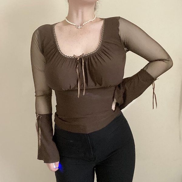 women's t-shirt  long flare sleeve t-shirts 2021 women o-neck lace-up bow slim crop mesh sheer see through patchwork, White
women's t-shirt  long flare sleeve t-shirts 2021 women o-neck lace-up bow slim crop mesh sheer see through patchwork, White