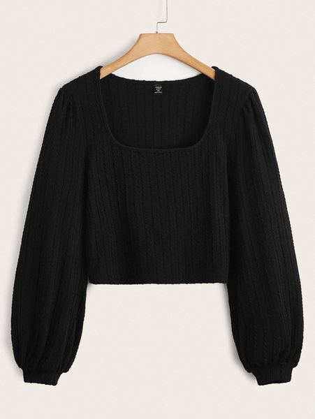 plus square neck bishop sleeve t-shirt d8wa#, Black