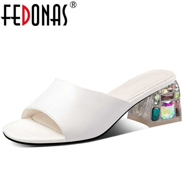 women slippers cow leather heeled crystal sandals basic shoes summer arrival woman 210528, Black