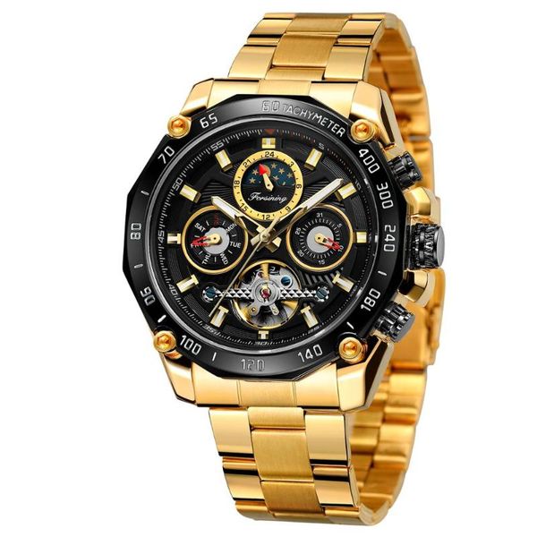 forsining golden automatic men watches tourbillon mechanical self winding moonphase calendar male steel band clock reloj hombre wristwatches, Slivery;brown
forsining golden automatic men watches tourbillon mechanical self winding moonphase calendar male steel band clock reloj hombre wristwatches, Slivery;brown