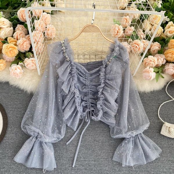 women's blouses & shirts women court style bling sequined mesh blouse spring puff sleeve drawstring short shirt female 2021 blusas, White
women's blouses & shirts women court style bling sequined mesh blouse spring puff sleeve drawstring short shirt female 2021 blusas, White