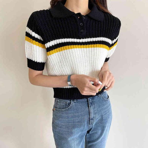 llzacoosh turn down collar contrast color knitting pullover women loose short-sleeved ladies cute summer jumper 210514, White;black
llzacoosh turn down collar contrast color knitting pullover women loose short-sleeved ladies cute summer jumper 210514, White;black