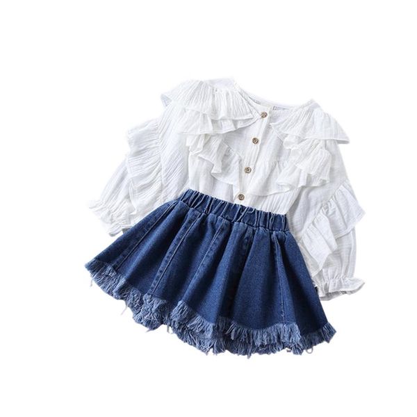 girl's two piece set children's solid color ruffled shirt raw edge denim short skirt for kids style 2021 clothing sets, White
girl's two piece set children's solid color ruffled shirt raw edge denim short skirt for kids style 2021 clothing sets, White