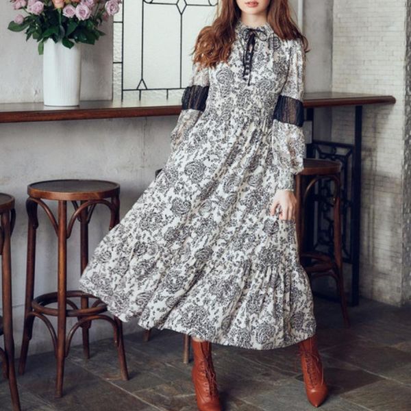 casual dresses vintage print lace patchwork long sleeve dress ruched stand collar belt bow design femme robe 2021 spring chic vestido de muj, Black;gray 
casual dresses vintage print lace patchwork long sleeve dress ruched stand collar belt bow design femme robe 2021 spring chic vestido de muj, Black;gray
