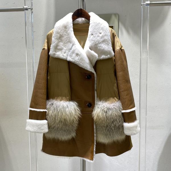 women's fur & faux real leather down jacket women winter coats genuine sheepskin and lamb collar white duck outwear, Black
women's fur & faux real leather down jacket women winter coats genuine sheepskin and lamb collar white duck outwear, Black