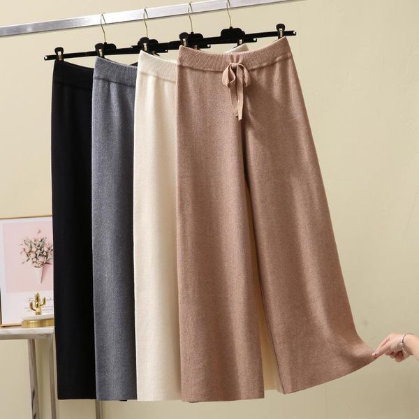 women's pants & capris 2021 autumn winter elegant ladies thick casual straight women female drawstring loose knit wide leg trousers, Black;white
women's pants & capris 2021 autumn winter elegant ladies thick casual straight women female drawstring loose knit wide leg trousers, Black;white