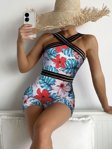 floral print contrast mesh one piece swimsuit d58v#, White;black 
floral print contrast mesh one piece swimsuit d58v#, White;black