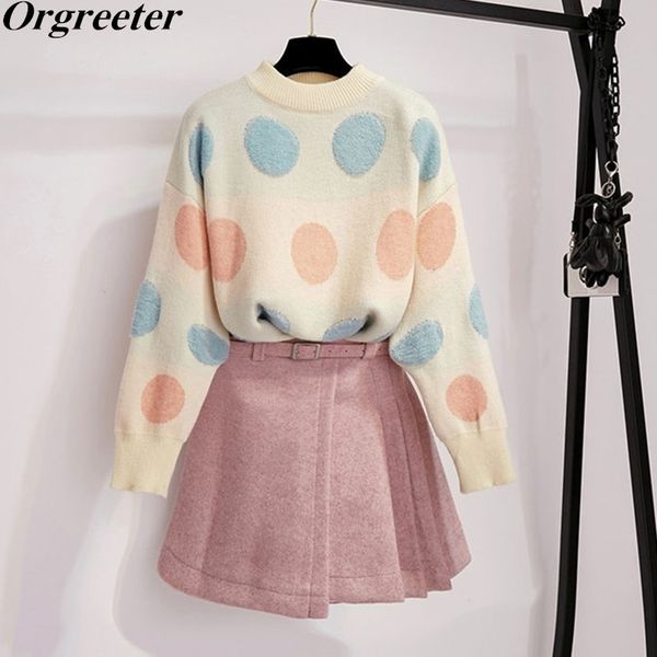 sweet candy color dots o-neck long-sleeved loose warm sweater two piece belt woolen pleated pink mini skirt sets women 210525, White
sweet candy color dots o-neck long-sleeved loose warm sweater two piece belt woolen pleated pink mini skirt sets women 210525, White