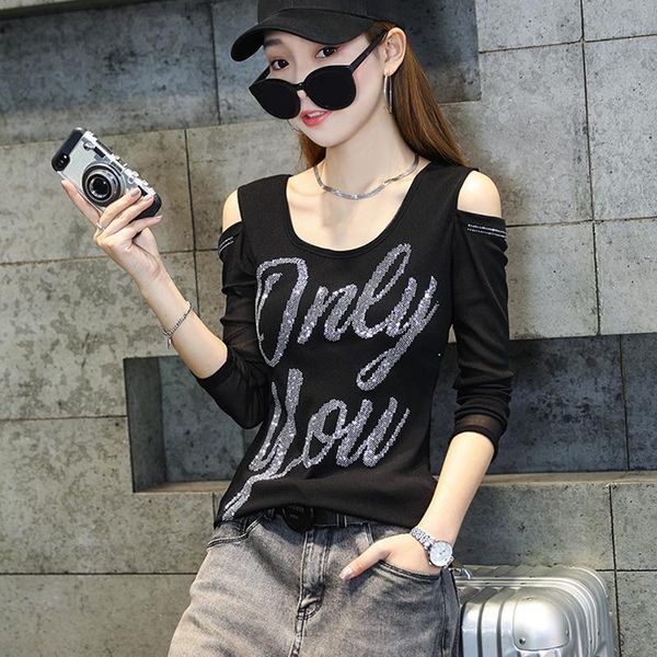 women's t-shirt women long-sleeve 2021 arrival summer black cotton slim letter leakage shoulder female korean style c24, White
women's t-shirt women long-sleeve 2021 arrival summer black cotton slim letter leakage shoulder female korean style c24, White