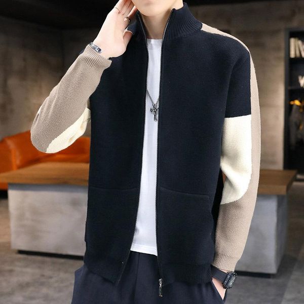 men's sweaters 2022 fashion colorblock stand collar knitwear autumn youth loose cardigan sweater, White;black
men's sweaters 2022 fashion colorblock stand collar knitwear autumn youth loose cardigan sweater, White;black