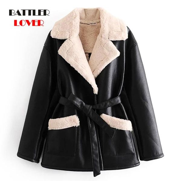 women's leather & faux women fashion jackets with fur thick warm coat for female vintage long sleeve tied belt ladies outerwear chic, Black
women's leather & faux women fashion jackets with fur thick warm coat for female vintage long sleeve tied belt ladies outerwear chic, Black