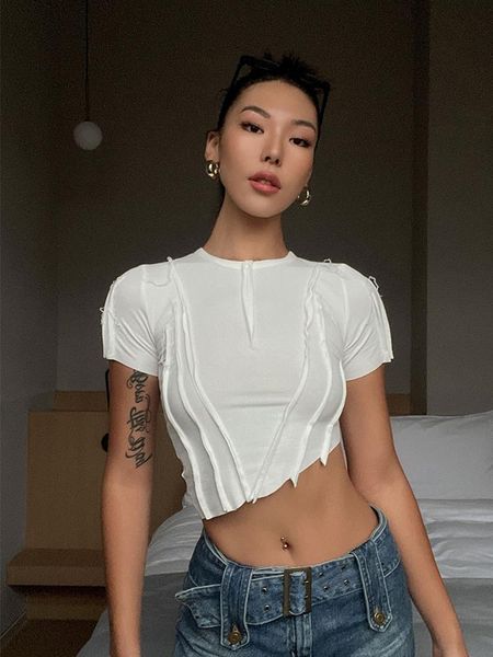 woman irregular short sleeve crop tee women's t-shirt, White 
woman irregular short sleeve crop tee women's t-shirt, White