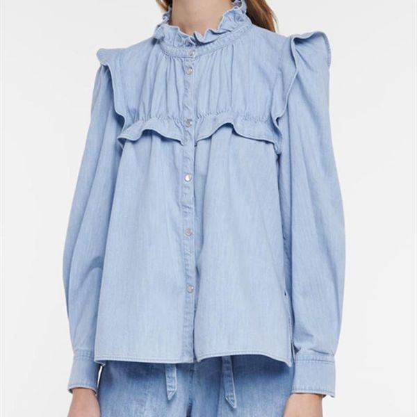 women's blouses & shirts ruffle stitching denim shirt single breasted sweet loose puff sleeve female blouse, White
women's blouses & shirts ruffle stitching denim shirt single breasted sweet loose puff sleeve female blouse, White