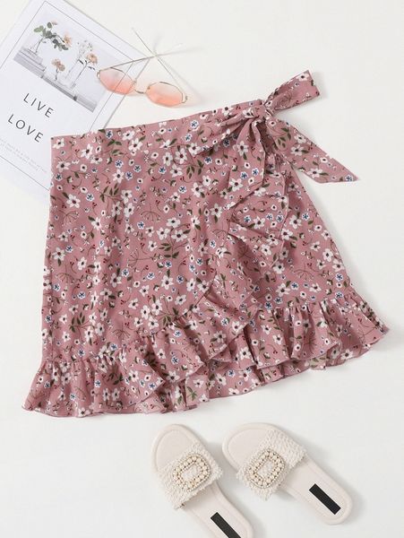 ditsy floral ruffle hem wrap skirt 68at#, Black