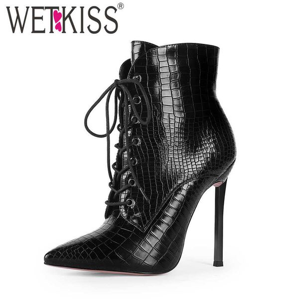 wetkiss boots stiletto heel ankle boot stone pattern bootie cross tie pointed toe lace up thin high heel shoes 210630, Black