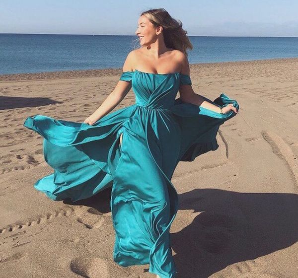 turquoise off the shoulder a-line silk satin evening dress high split long prom formal gown celebrity wear for pgrafy robe de soiree vestido, Black;red 
turquoise off the shoulder a-line silk satin evening dress high split long prom formal gown celebrity wear for pgrafy robe de soiree vestido, Black;red