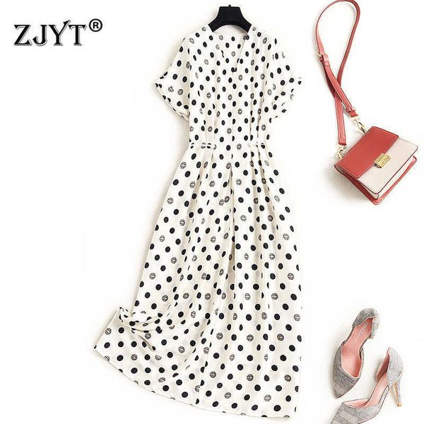 women fashion designers summer short sleeve v neck elastic waist polka dot print dress casual midi vestidos 210601, Black;gray
women fashion designers summer short sleeve v neck elastic waist polka dot print dress casual midi vestidos 210601, Black;gray