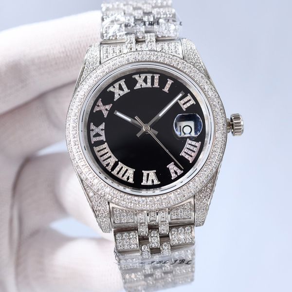 

full diamond mens watch automatic mechanical watches 41mm diamonds bezel fashion wristwatches montre de luxe men classic wristwatch, Slivery;brown