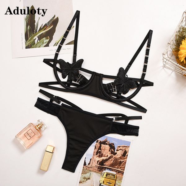 new womens lingerie set butterfly applique hollow perspective bra set underwire gather bra thong black underwear set, Black;white
new womens lingerie set butterfly applique hollow perspective bra set underwire gather bra thong black underwear set, Black;white