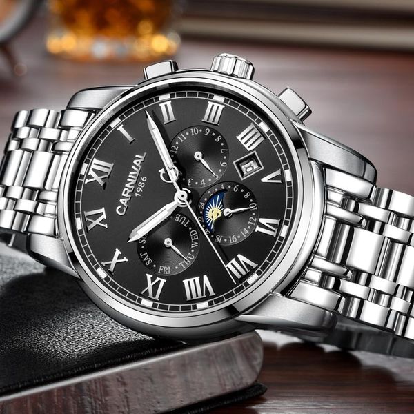 wristwatches relogio masculino carnival multifunction men mechanical full steel waterproof moon phase watch for, Slivery;brown
wristwatches relogio masculino carnival multifunction men mechanical full steel waterproof moon phase watch for, Slivery;brown