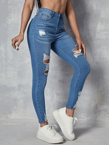 high waisted ripped raw hem skinny jeans 95jt#, Blue
high waisted ripped raw hem skinny jeans 95jt#, Blue