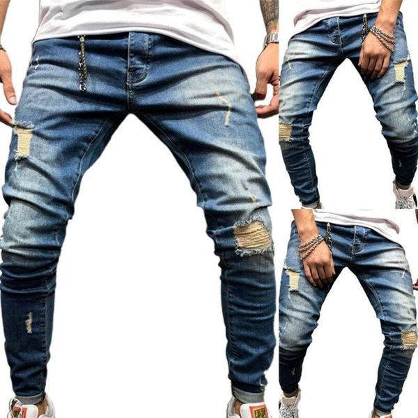 men's jeans casual fashion youth ripped tight-fitting zip denim pants trousers, Blue
men's jeans casual fashion youth ripped tight-fitting zip denim pants trousers, Blue