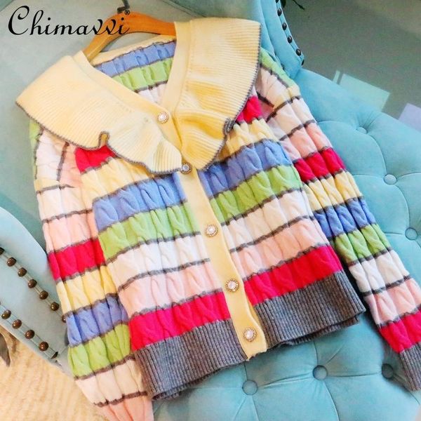 women's knits & tees 2021 autumn winter fashion color contrast rainbow striped retro lotus collar knitted sweater long sleeve slim card, White
women's knits & tees 2021 autumn winter fashion color contrast rainbow striped retro lotus collar knitted sweater long sleeve slim card, White