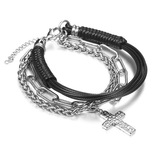 link, chain multi layer stainless steel cross charm bracelet wheat for men handmade leather wristband stylish casual bangle dlb200, Black 
link, chain multi layer stainless steel cross charm bracelet wheat for men handmade leather wristband stylish casual bangle dlb200, Black