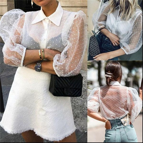 high street vintage sheer mesh women blouses lace polka dot puff sleeve button down ladies see through shirt, White
high street vintage sheer mesh women blouses lace polka dot puff sleeve button down ladies see through shirt, White