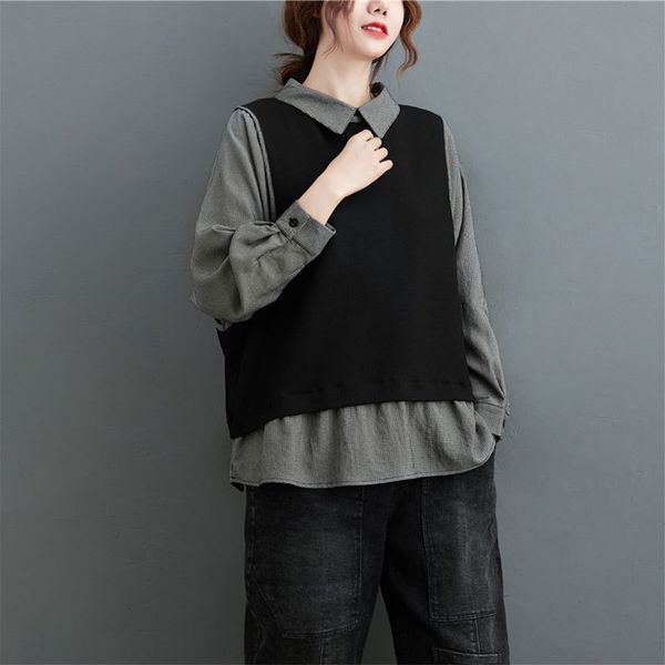 t shirts spring autumn korea fashion women long sleeve loose shirts fake two piece patchwork turn-down collar casual blouse v299 45jf, White
t shirts spring autumn korea fashion women long sleeve loose shirts fake two piece patchwork turn-down collar casual blouse v299 45jf, White