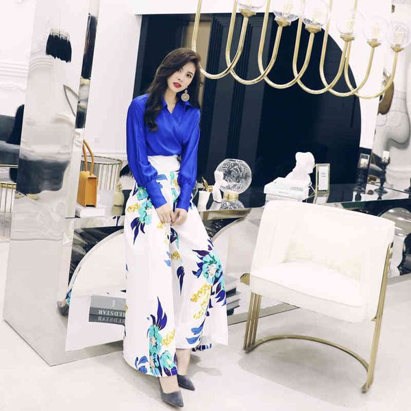 capris designer clothing suits women turn-down collar solid blue white long sleeve shirt+floral print wide leg pant sets, Black;gray
capris designer clothing suits women turn-down collar solid blue white long sleeve shirt+floral print wide leg pant sets, Black;gray
