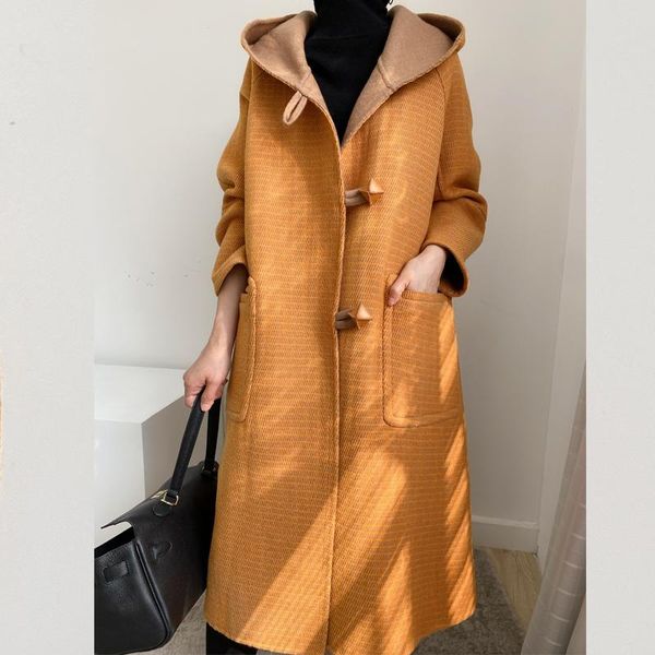 women's wool & blends french elegant retro ladies temperament orange double-sided cashmere coat in the long h family with same hooded, Black
women's wool & blends french elegant retro ladies temperament orange double-sided cashmere coat in the long h family with same hooded, Black
