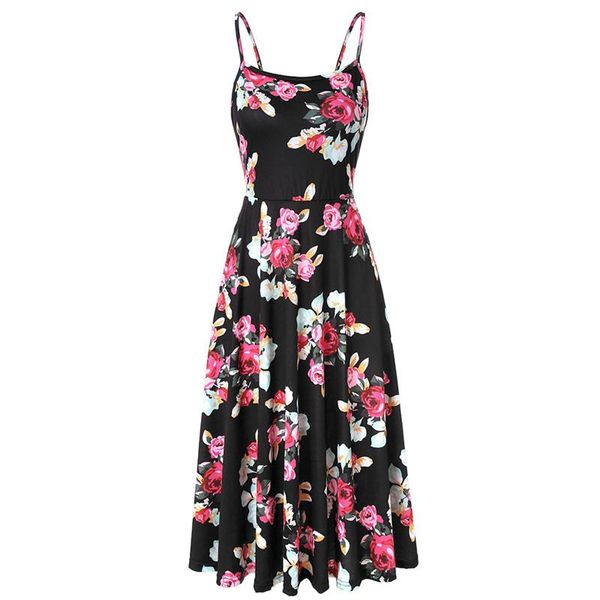 halter print dress ladies loose sling big swing sleeveless floral women casual elegant a word robe female vestido dresses, Black;gray 
halter print dress ladies loose sling big swing sleeveless floral women casual elegant a word robe female vestido dresses, Black;gray