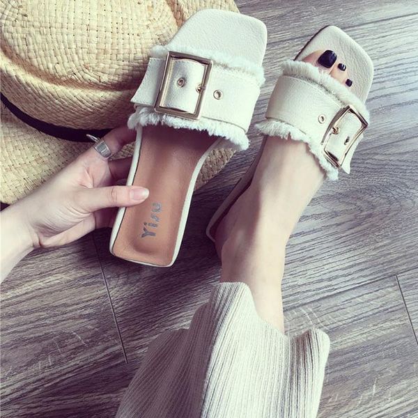 slippers 2021 flat fashion square metal casual beach., Black 
slippers 2021 flat fashion square metal casual beach., Black