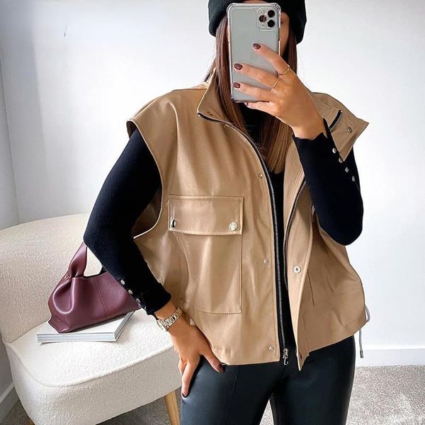 women's jackets forefair 2021 sleeveless pu leather jacket pockets women button zipper fashion coat bandage autumn winter outwear ladie, Black;brown
women's jackets forefair 2021 sleeveless pu leather jacket pockets women button zipper fashion coat bandage autumn winter outwear ladie, Black;brown