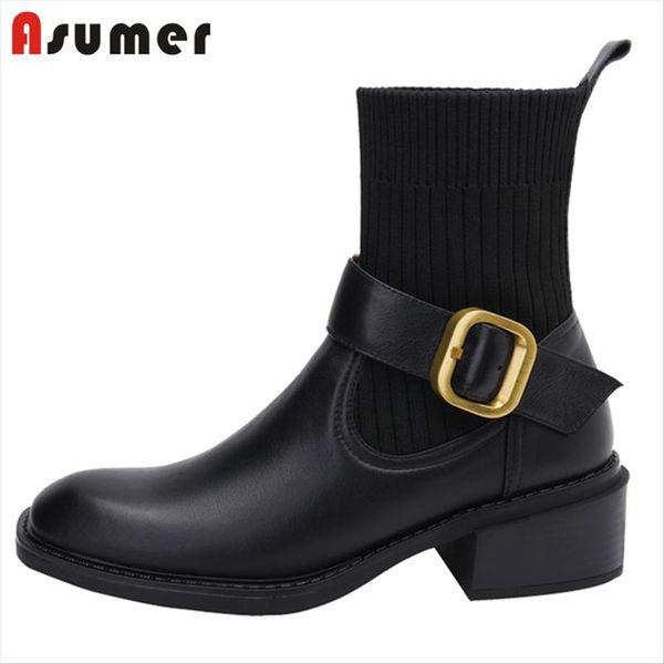 boots asumer 2022 vintage thick heels shoes women ankle genuine leather +knitting stretch sock casual, Black
boots asumer 2022 vintage thick heels shoes women ankle genuine leather +knitting stretch sock casual, Black