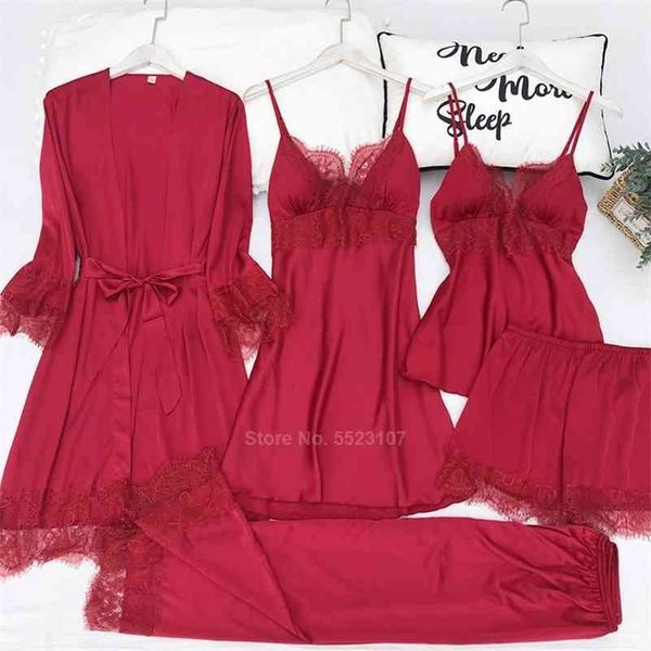 solid color women pajamas set lace silk satin smoooth sleepwear home wear breathable comfy 5pcs nightwear set 210325, Black;red
solid color women pajamas set lace silk satin smoooth sleepwear home wear breathable comfy 5pcs nightwear set 210325, Black;red