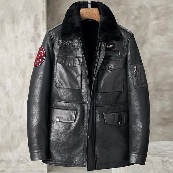 men's leather & faux mens shearling bomber jacket b3 sheepskin winter, Black 
men's leather & faux mens shearling bomber jacket b3 sheepskin winter, Black