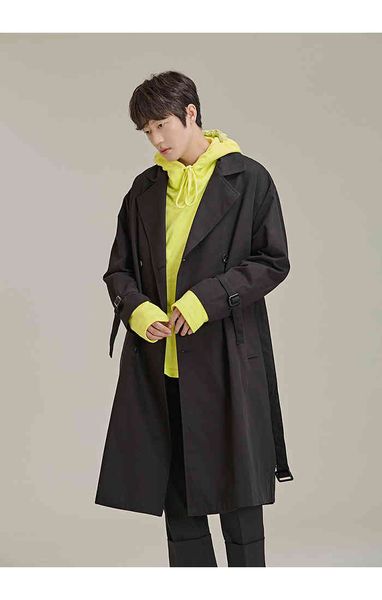 in the spring of 2021, korean fashion, men's windbreaker, large double button belt et, Black
in the spring of 2021, korean fashion, men's windbreaker, large double button belt et, Black