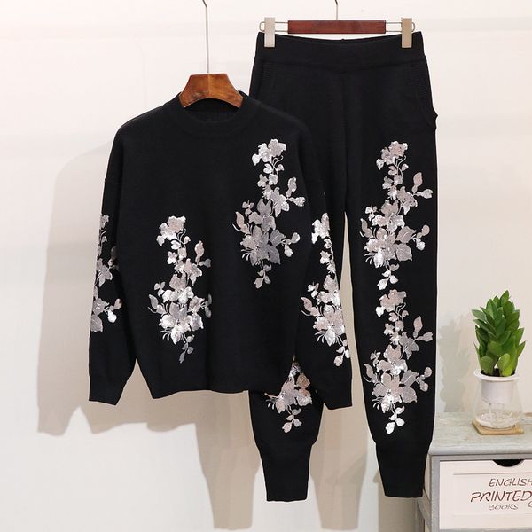 women's two piece pants spring autumn flower embroidery knit sweaters black set female casual tracksuits 2pcs pullover harem, White
women's two piece pants spring autumn flower embroidery knit sweaters black set female casual tracksuits 2pcs pullover harem, White
